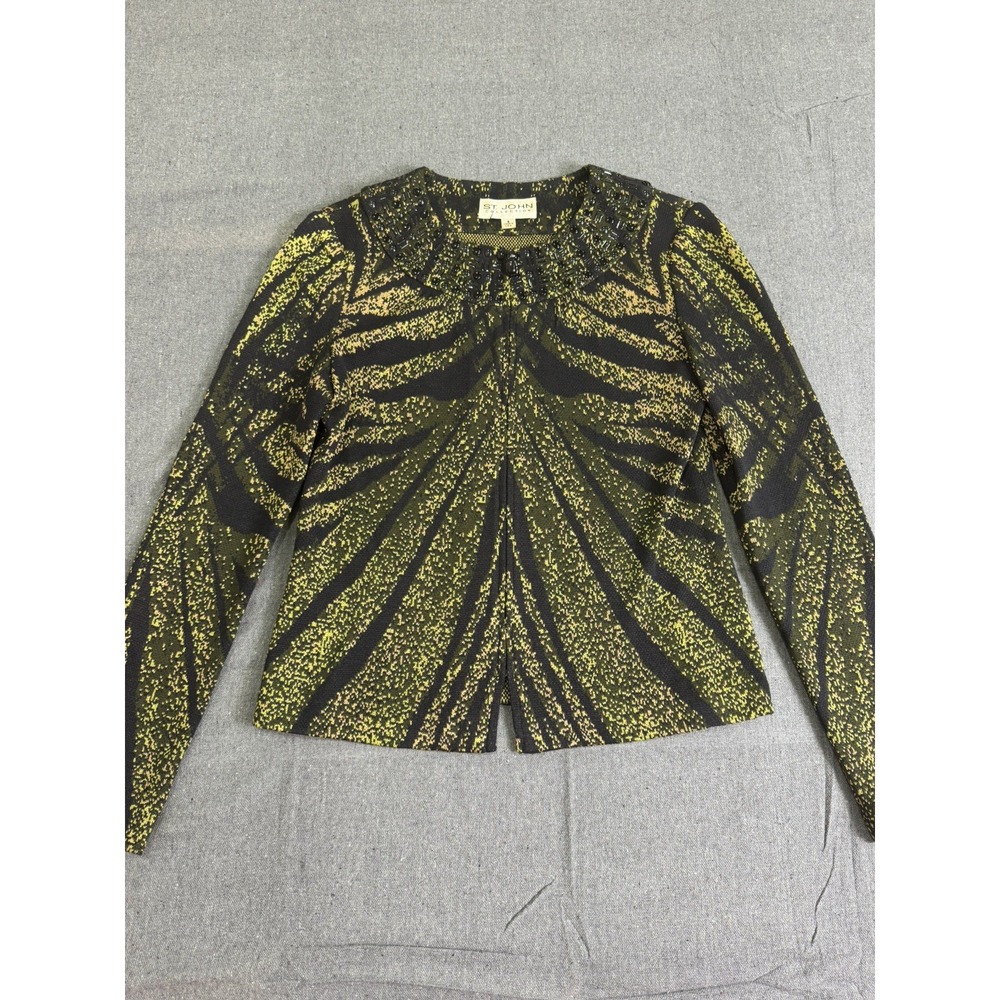 St John Knits Santana Black Beaded Jacket Evergreen Multi Size: 4